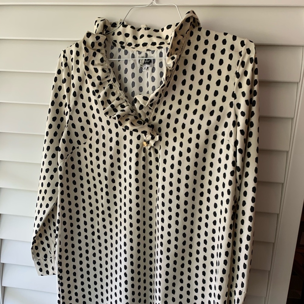 b/w polka dot ruffle neck dress